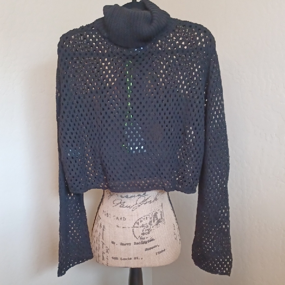 Black Cropped Open Knit Turtleneck Sweater